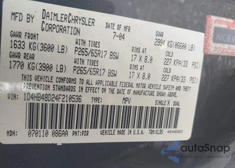 2004 Dodge Durango Slt из США, поврежденный, VIN 1D4HB48D24F210536